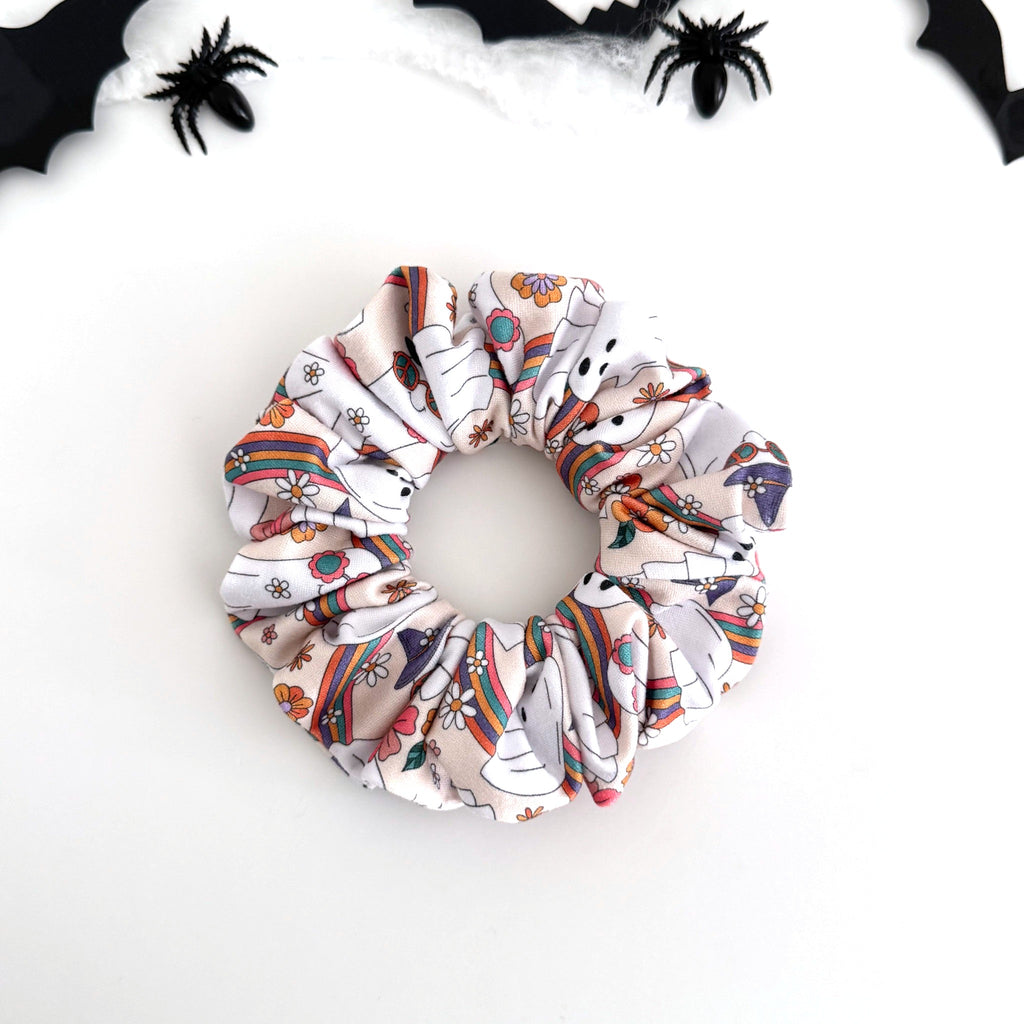 Groovy Ghost scrunchie with retro ghosts, rainbows, mushrooms and flowers