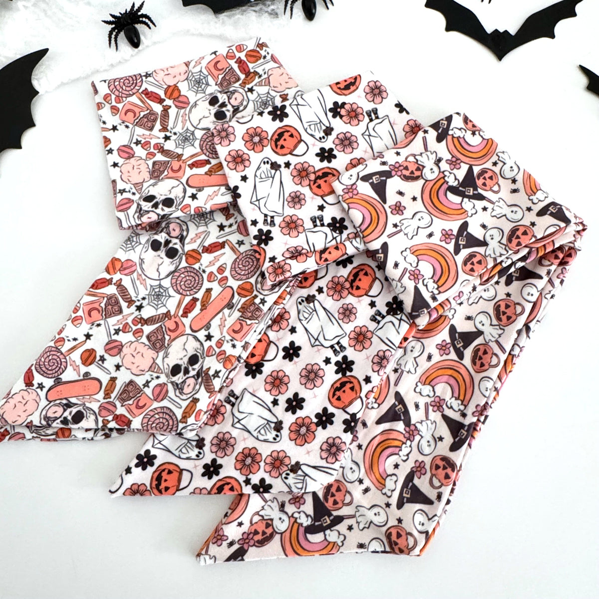 Halloween knotted tie headbands laid flat showing the long tie ends