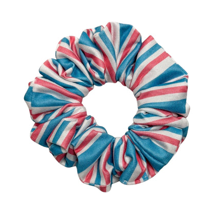 Headband Studio blue and pink striped scrunchie made from soft polyester, perfect for medical professionals.