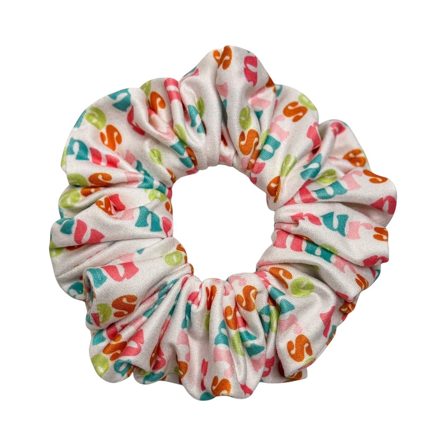 Headband Studio white scrunchie with colorful medical print, perfect for nurses and healthcare workers.
