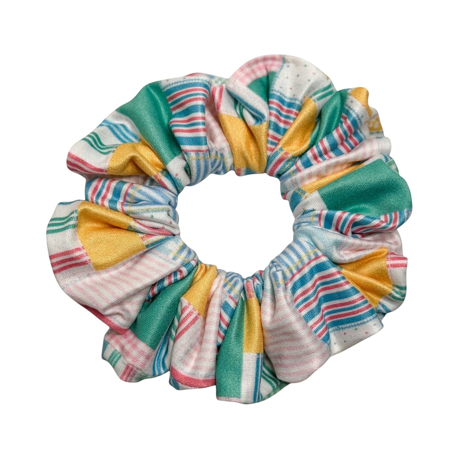 Headband Studio pastel patchwork print scrunchie made from soft double brushed polyester for healthcare professionals.