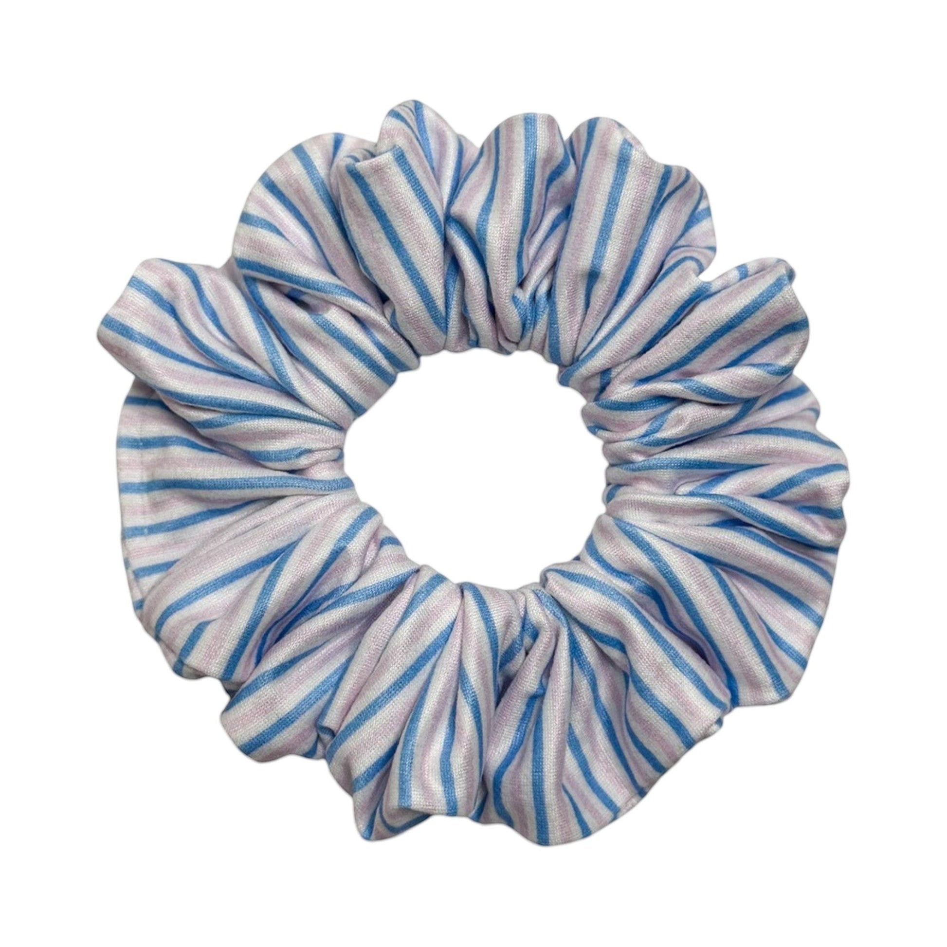 Headband Studio pastel pink and blue striped scrunchie made from soft polyester for comfortable all-day wear.