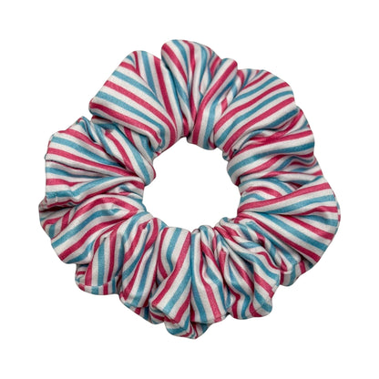 Headband Studio pink and blue striped scrunchie made from soft polyester, perfect for healthcare professionals.