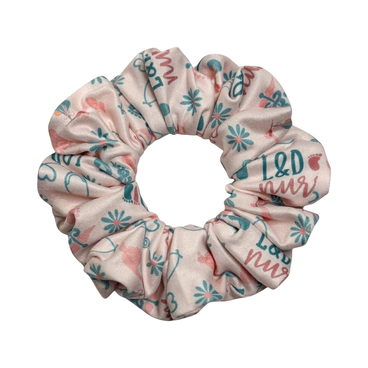 Headband Studio pink scrunchie with L&D nurse and baby foot prints, soft double brushed polyester for comfortable all-day wear.