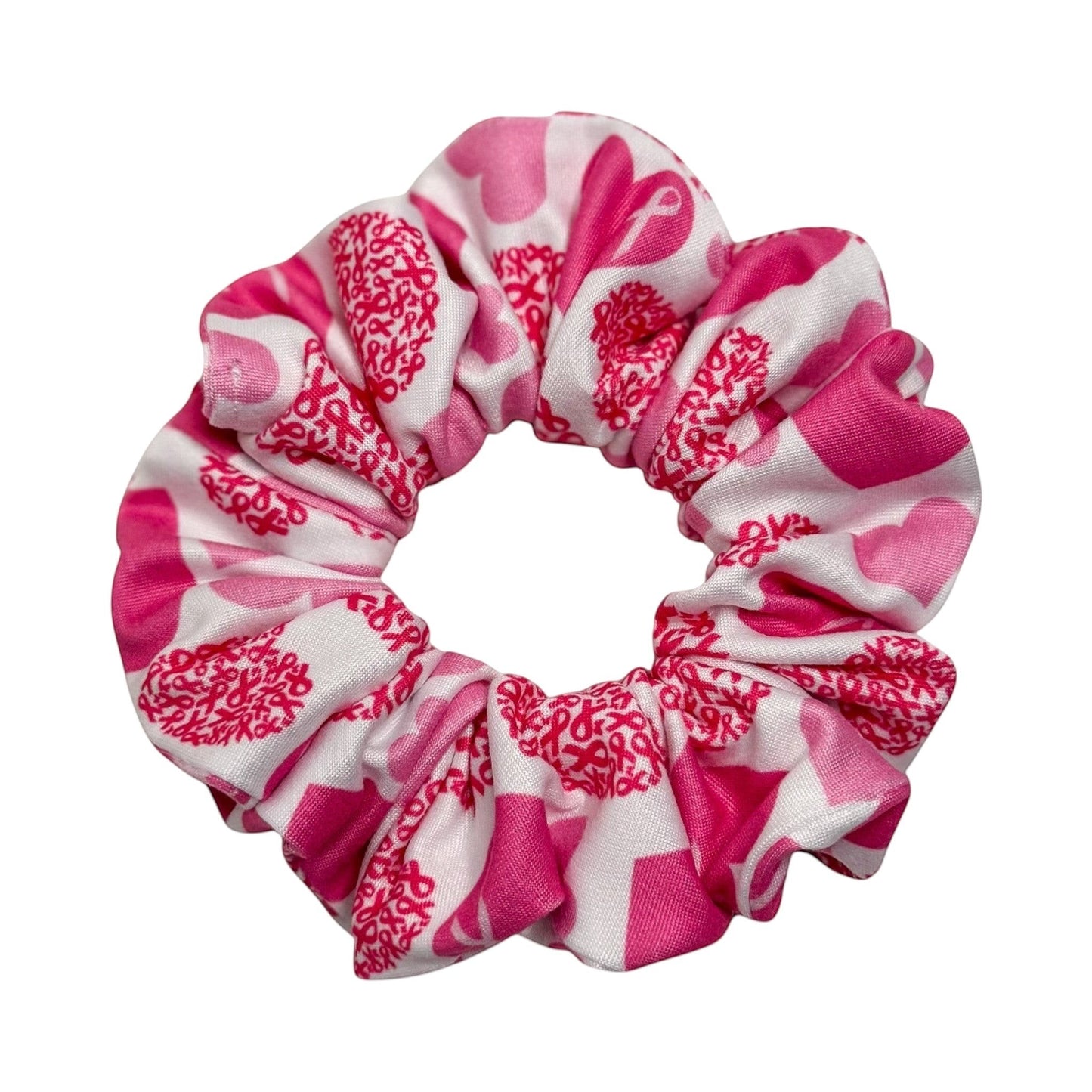 Headband Studio pink and white scrunchie with repeating pattern of hearts and pink ribbon symbols for breast cancer awareness.