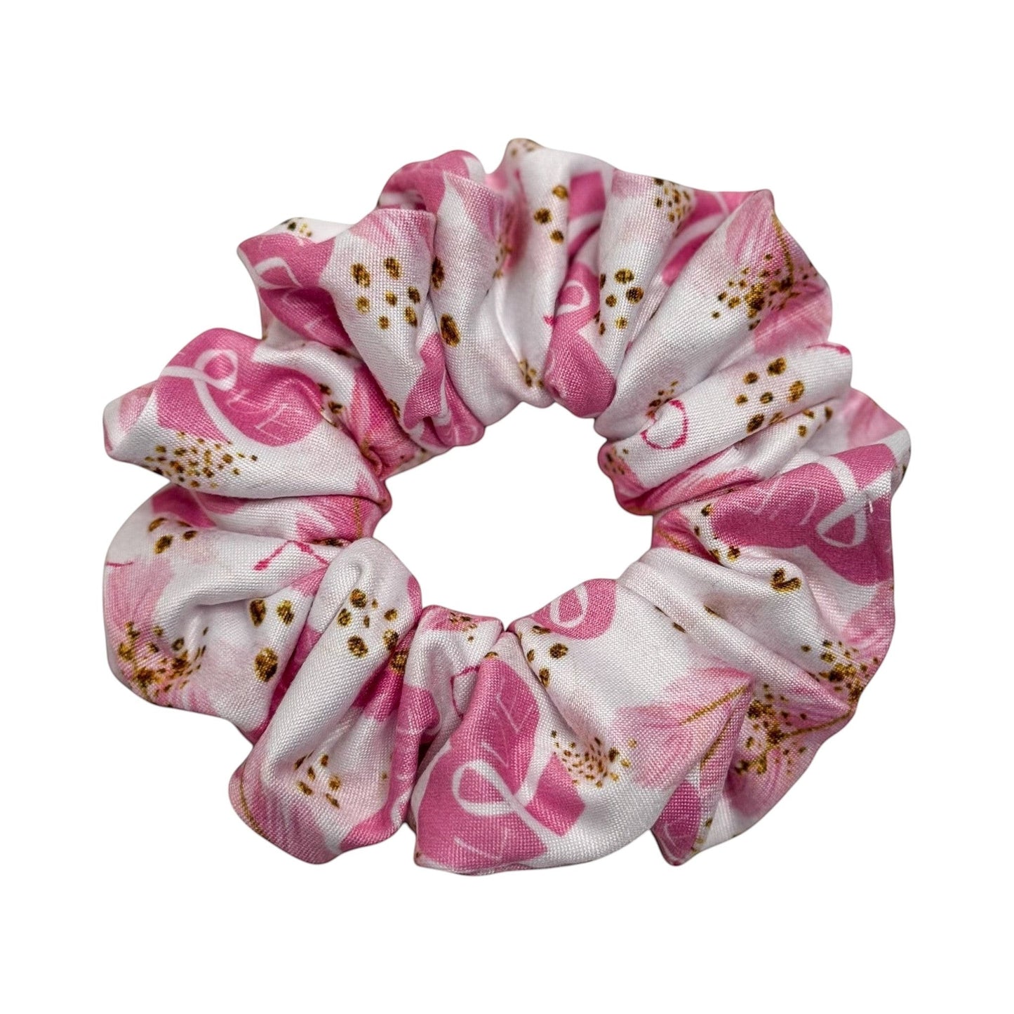 Headband Studio pink and white scrunchie with a stethoscope print and gold accents, made of soft polyester for comfortable all-day wear.