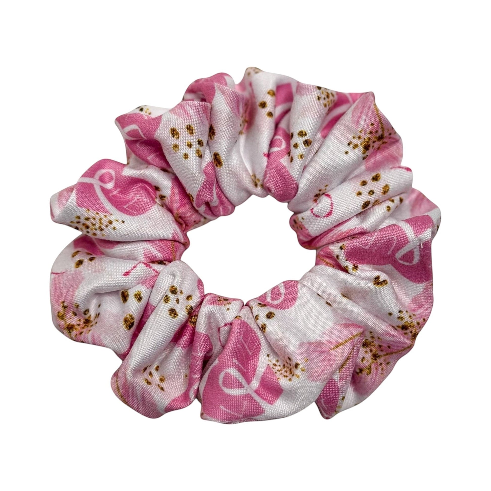 Headband Studio pink and white scrunchie with a stethoscope print and gold accents, made of soft polyester for comfortable all-day wear.