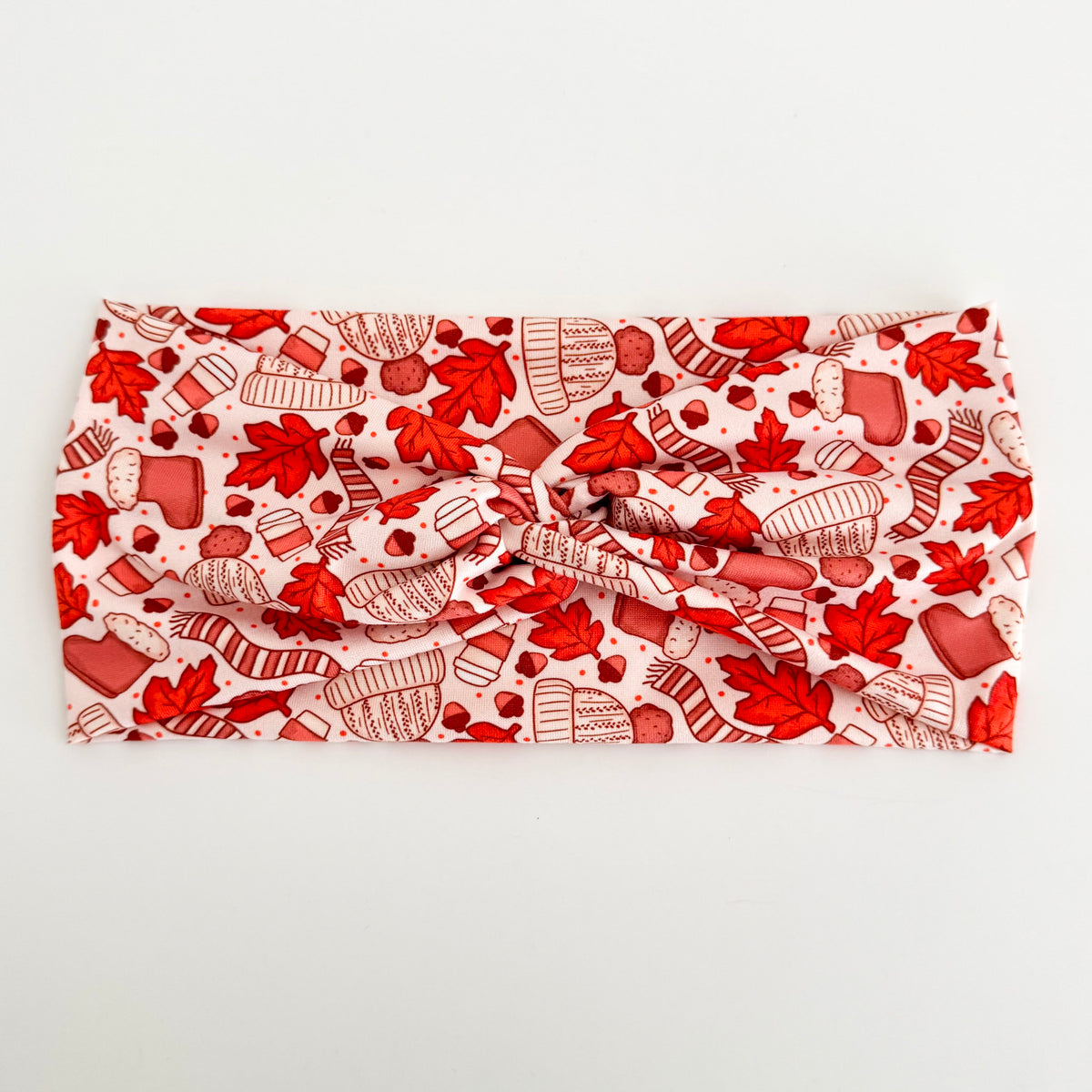 I Love Fall twist headband with red maple leaves, sweaters and mugs on blush