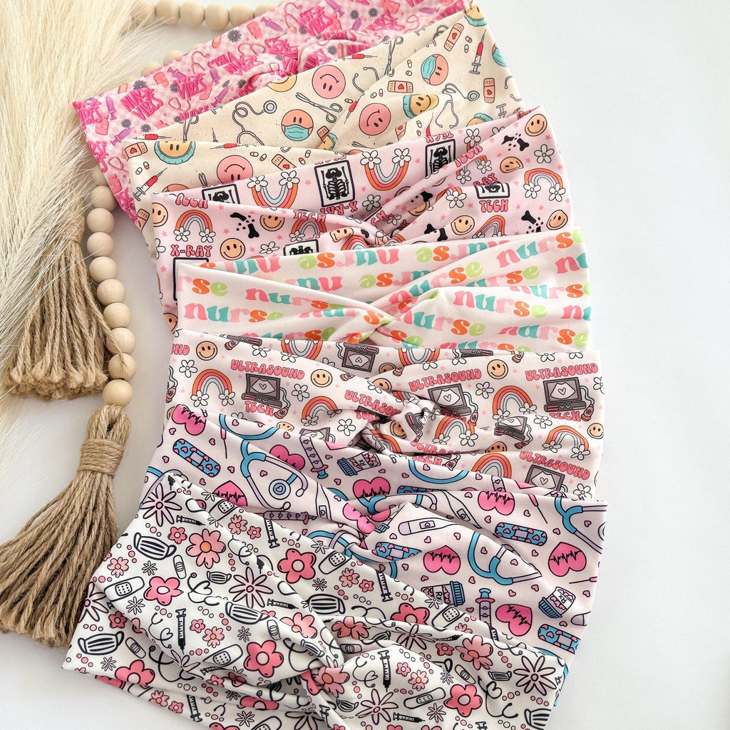 Handmade nurse headbands in colorful prints, made in Texas
