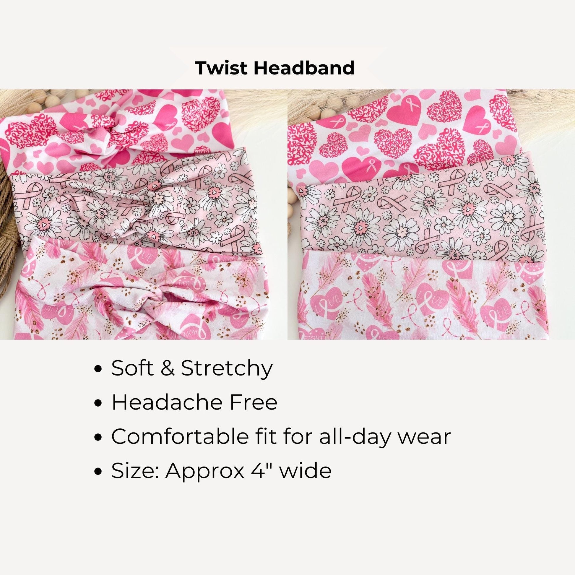 Pink Ribbon Breast Cancer Awareness Headbands for Women, Twist Soft & Stretchy Headband, Nurse Headband, Headband Studio