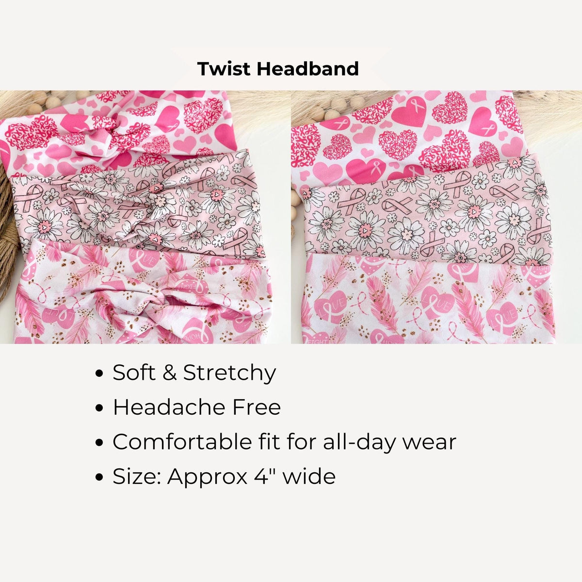 Pink Ribbon Breast Cancer Awareness Headbands for Women, Twist Soft & Stretchy Headband, Nurse Headband, Headband Studio