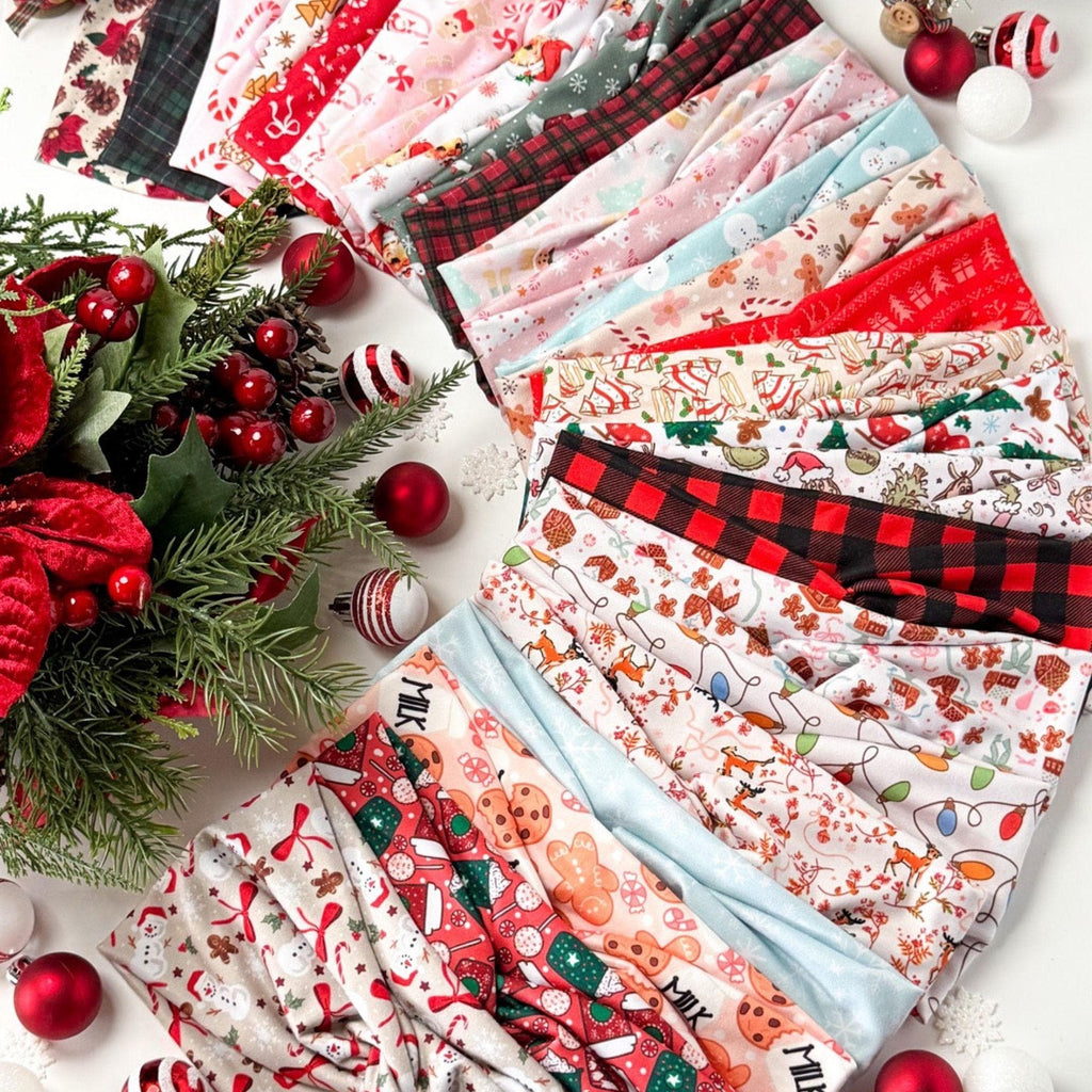 Festive Christmas print twist headband for nurses and women – handmade by Headband Studio