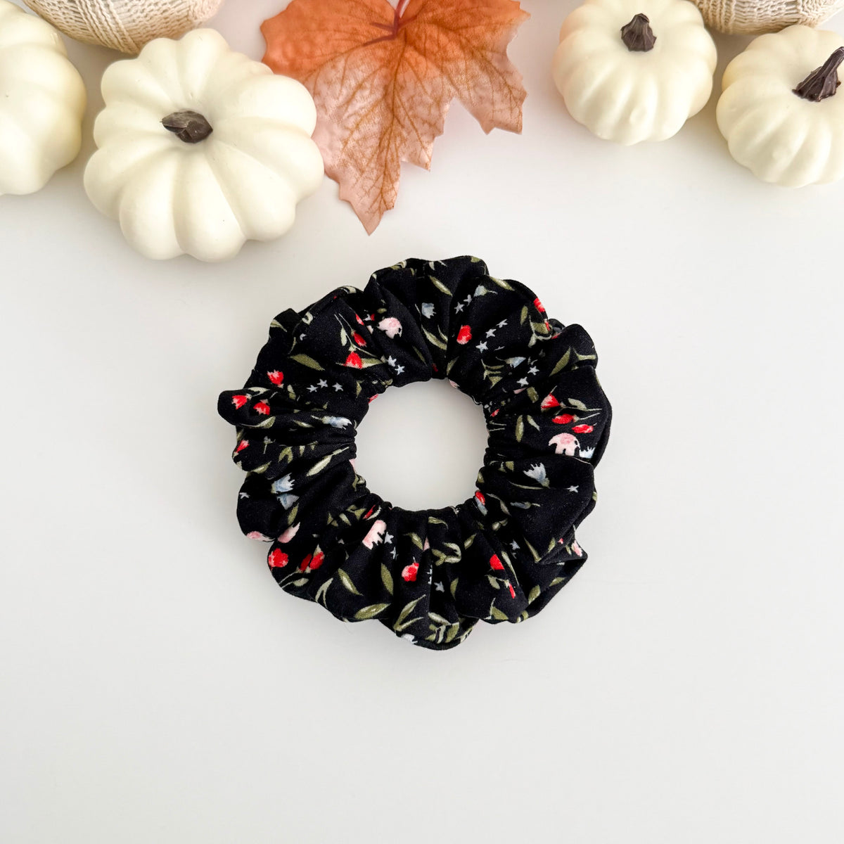 Midnight Blooms scrunchie with tiny pink flowers on black