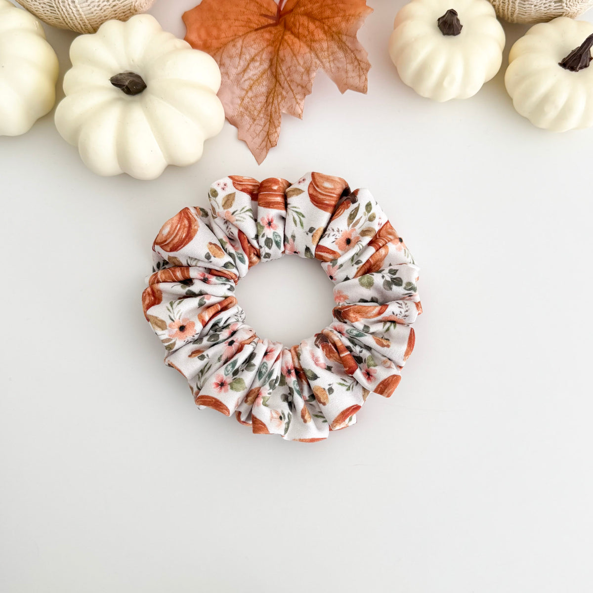 Pumpkin Pink Flowers scrunchie with pumpkins and pink blooms on cream