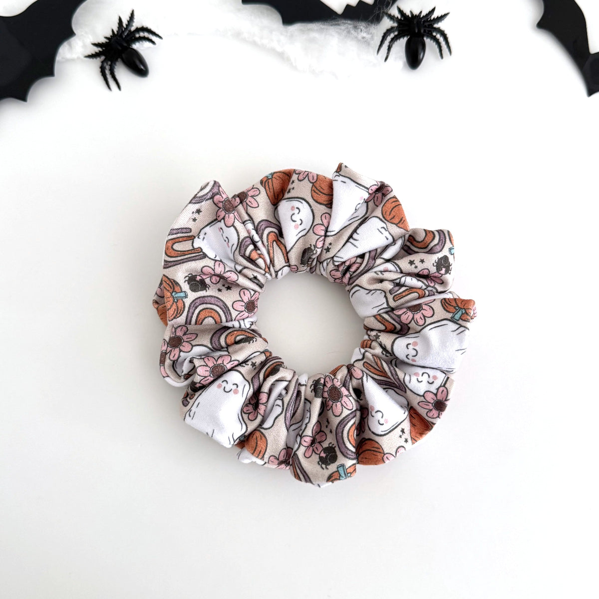 Rainbow Ghost scrunchie with ghosts, rainbows and pumpkins on beige