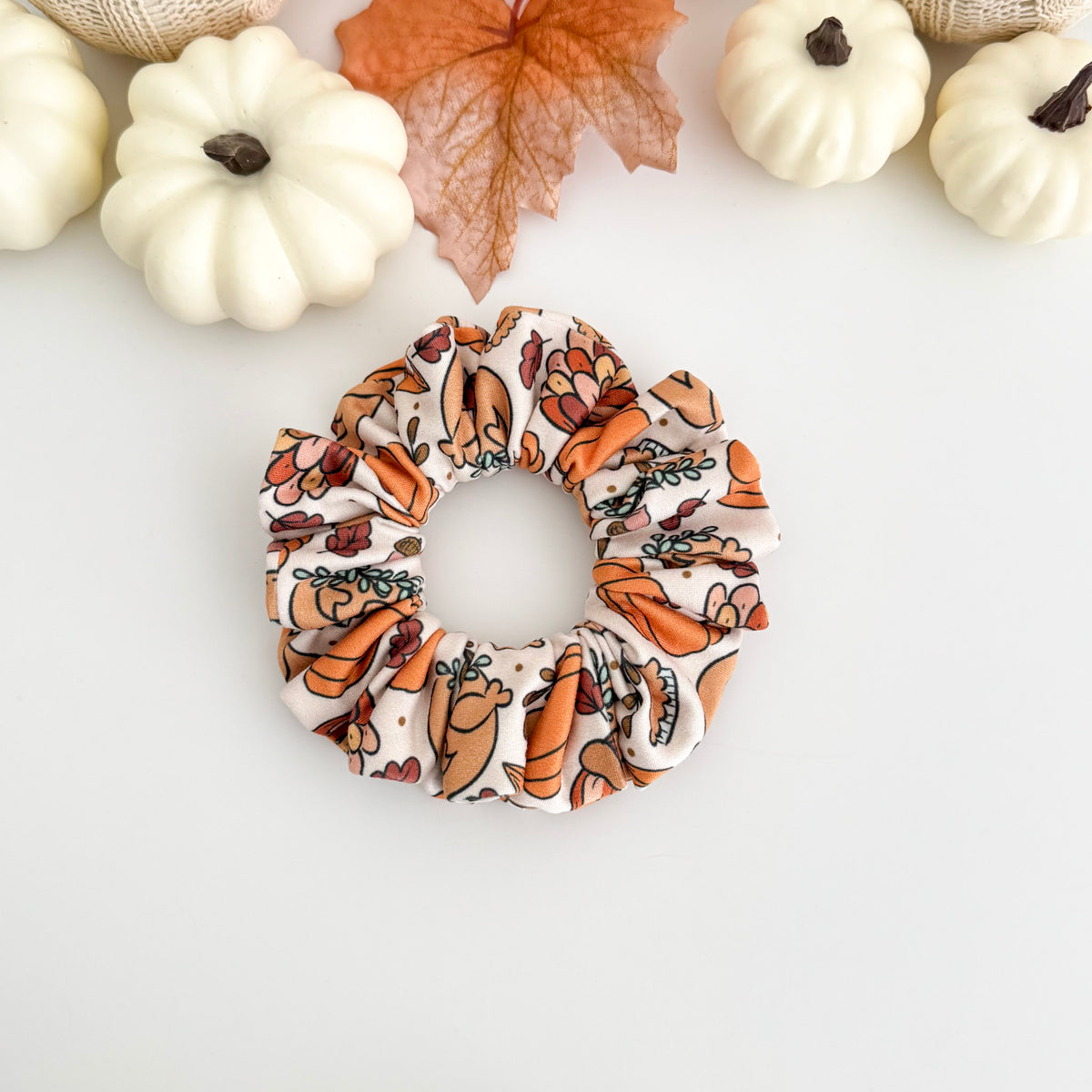 Thanksgiving Feast scrunchie with turkeys, pies and pumpkins on cream