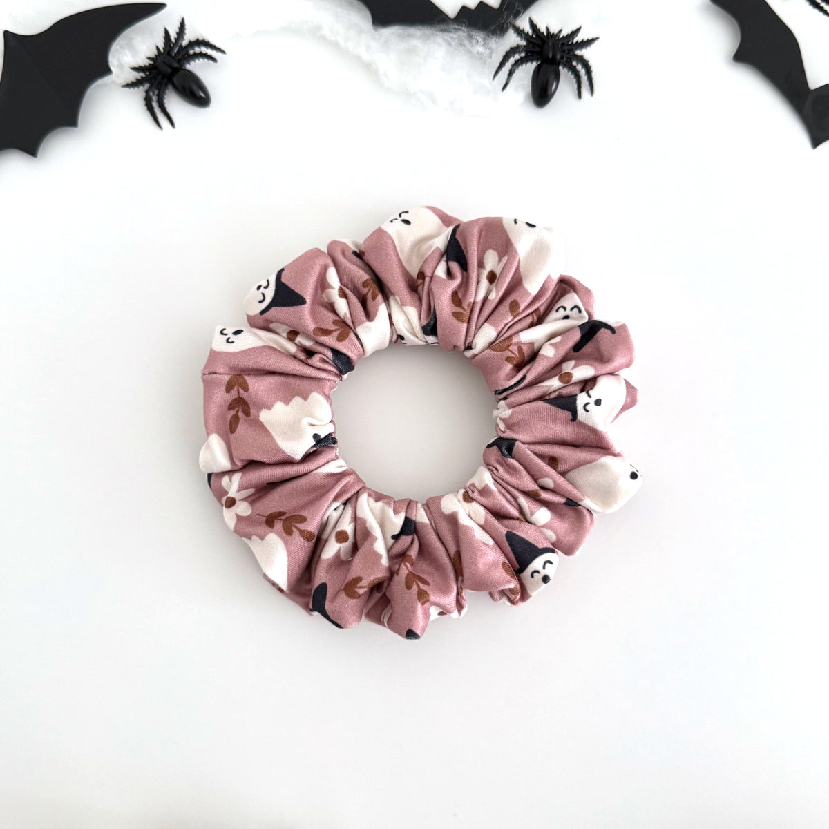 Witchy Ghost scrunchie with ghosts in witch hats and black cats on mauve
