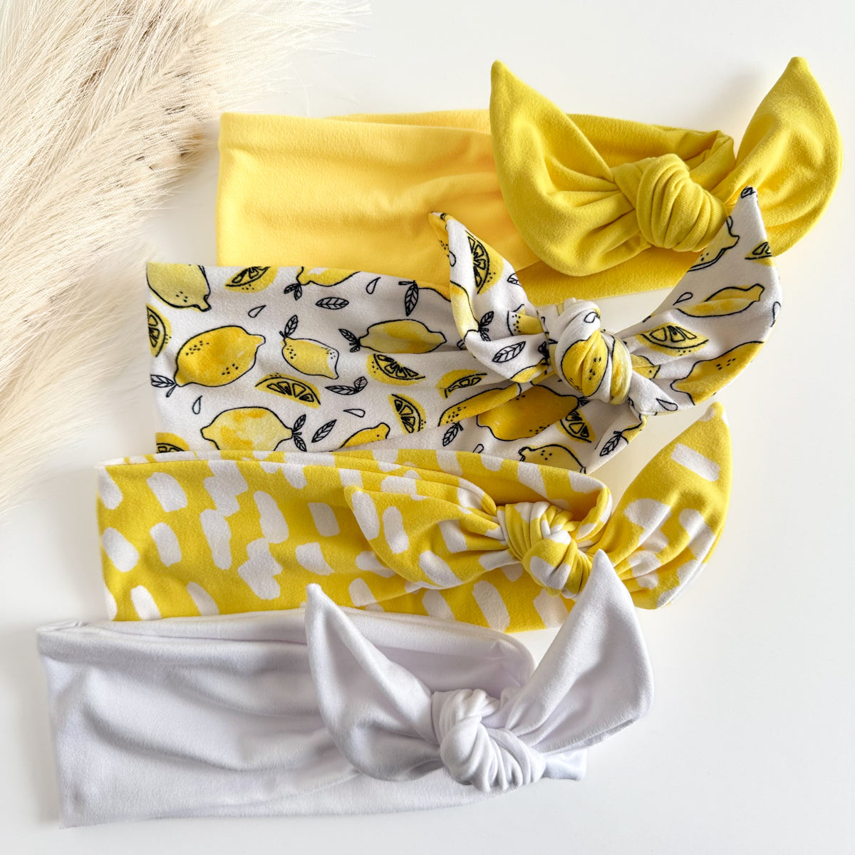 Headband Studio yellow lemon print and solid yellow tie headbands with white headband